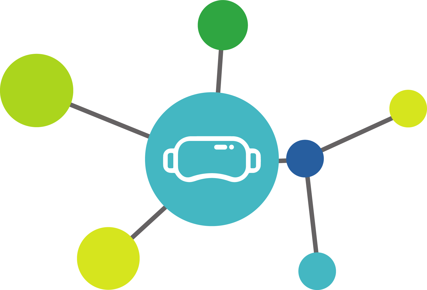 Illustration einer VR-Brille mit bunten Kreisen und Verbindungen Illustration einer VR-Brille mit bunten Kreisen