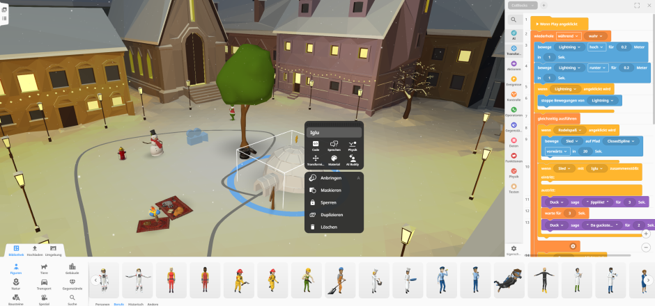 Projektumgebung bei Delightex mit ausgeklappter Bibliothek und Programmierbereich.