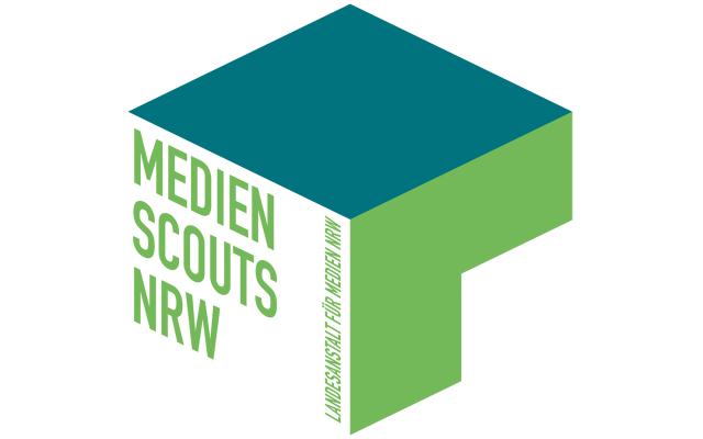 Das Logo der Medienscouts: ein Würfel mit verschiedenfarbigen grünen Seiten. 