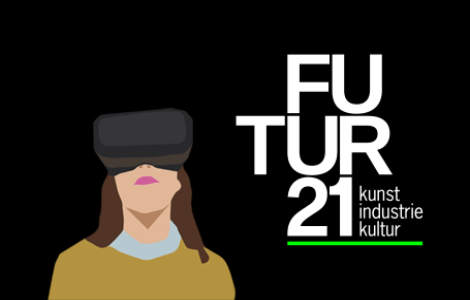Frau mit VR Brille und Logo Futur 21