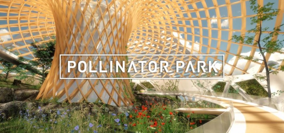 Futuristische Welt mit Schriftzug Pollinator Park