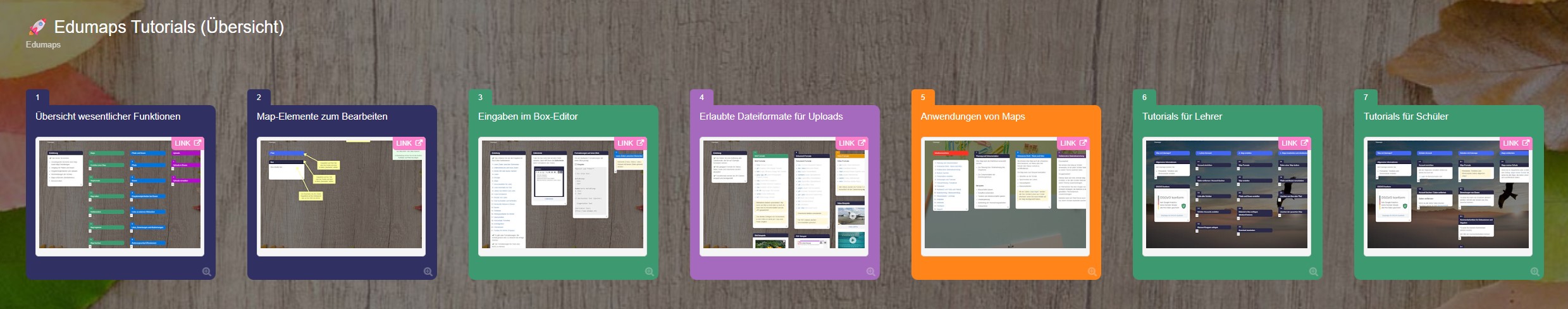 Visual "Erklärfilmwettbewerb" mit Filmklappe und Überschrift Auf einer digitalen Pinnwand mit der Überschrift "Tutorials" befinden sich mehrere bunte Einträge.