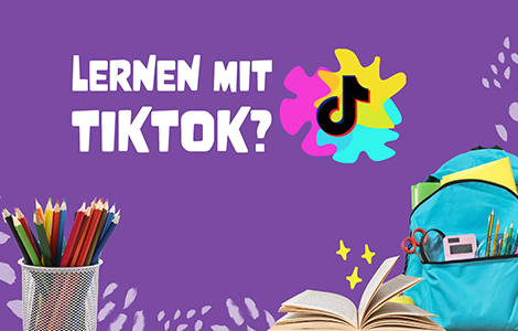 Collage mit TikTok Logo, Rucksack, Buch und Stiftebecher