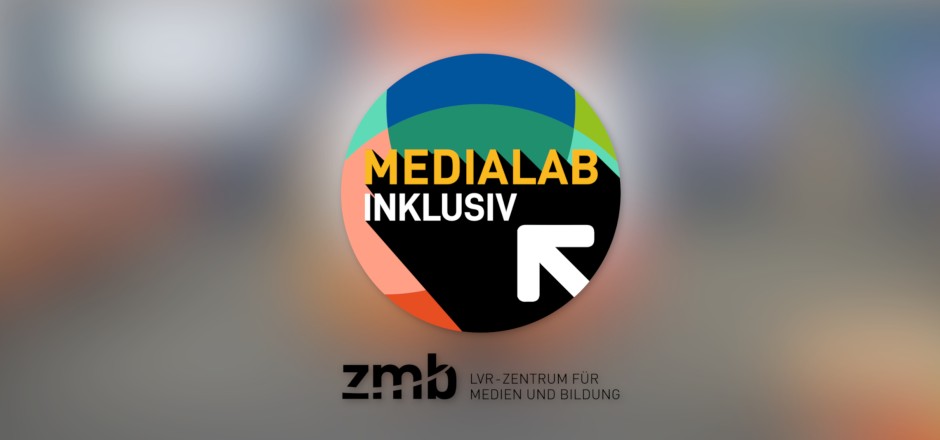 Logo MediaLab inklusiv: in einem bunt gefüllten Kreis zeigt ein weißer Pfeil auf den Schriftzug "MediaLab inklusiv". Unter dem Kreis steht ZMB LVR-Zentrum für Medien und Bildung