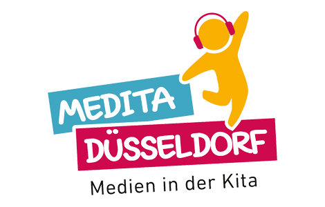 Eine gelbe Figur mit Kopfhörern tanzt. Daneben die Wortmarke Medita Düsseldorf mit dem Untertitel: Medien in der Kita.