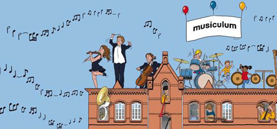 Comicbild Musiker auf einem Dach