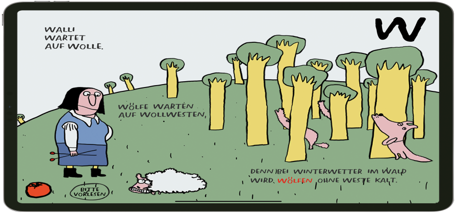 Comic Bild Frau mit Schaf und Wölfe