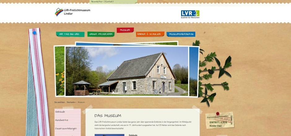 Screenshot der Webpräsenz  LVR-Frelichtmuseum Lindlar
