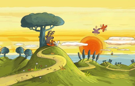 Seite aus einem Bilderbuch: Die Sonne geht unter. Auf einem grünen Hügel sitzen verschiedene Tiere zusammen unter einem Baum und lächeln.