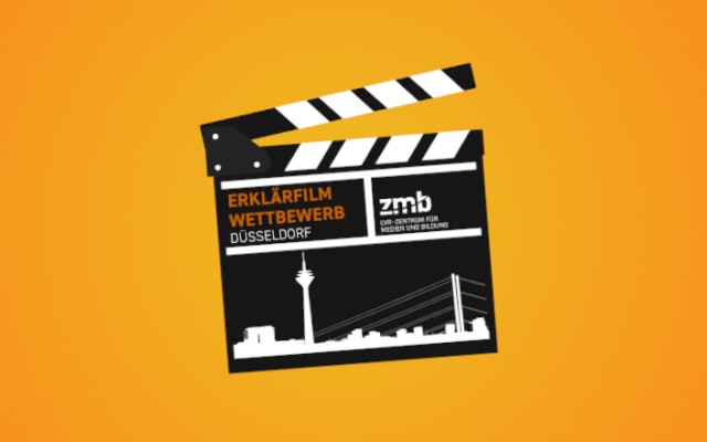Eine Filmklappe mit der Aufschrift Erklärfilmwettbewerb und der Düsseldorfer Skyline vor gelbem Hintergrund