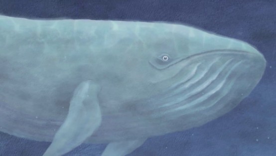 Ausschnitt aus dem Film Wanda Walfisch. Zeichnung von einem großen Walfisch im blauen Wasser.