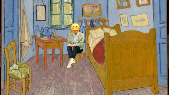 Fotocollage: Ein Mensch sitzt in einem Bild von Van Gogh