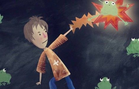 Ausschnitt aus dem Zeichentrickfilm. In der Bildmitte steht ein Kind. Am Bildrand sind Frösche. Zwischen der Hand vom Kind und einem Frosch ist ein Blitzstrahl.  