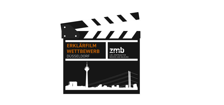 Filmklappe und Filmstreifen mit der Aufschrift "Erklärfilmwettbewerb Düsseldorf" und dem Logo des ZMB
