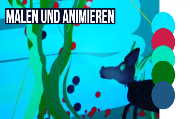 Gemalter Hund vor blauem Hintergrund, Schriftzug "Malen und Animieren"