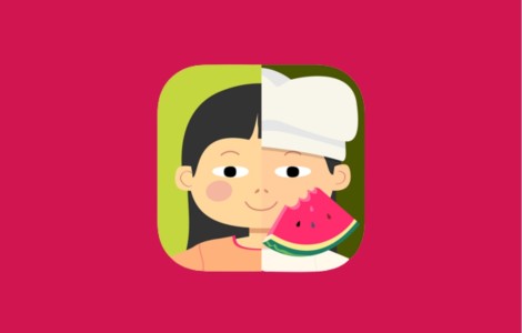 Ein Kind mit zwei Gesichtshälften. Die eine Seite trägt eine Kochmütze und hat eine Wassermelone in der Hand.